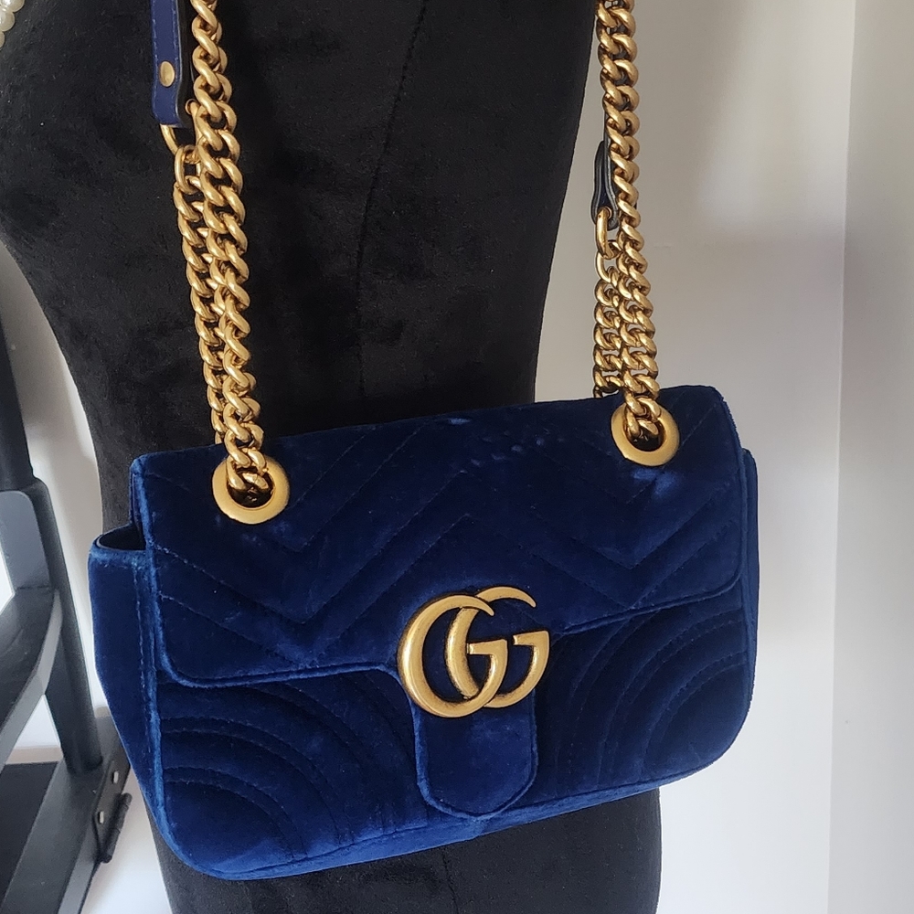 Authentic Velvet Blue Gucci Marmont Bag